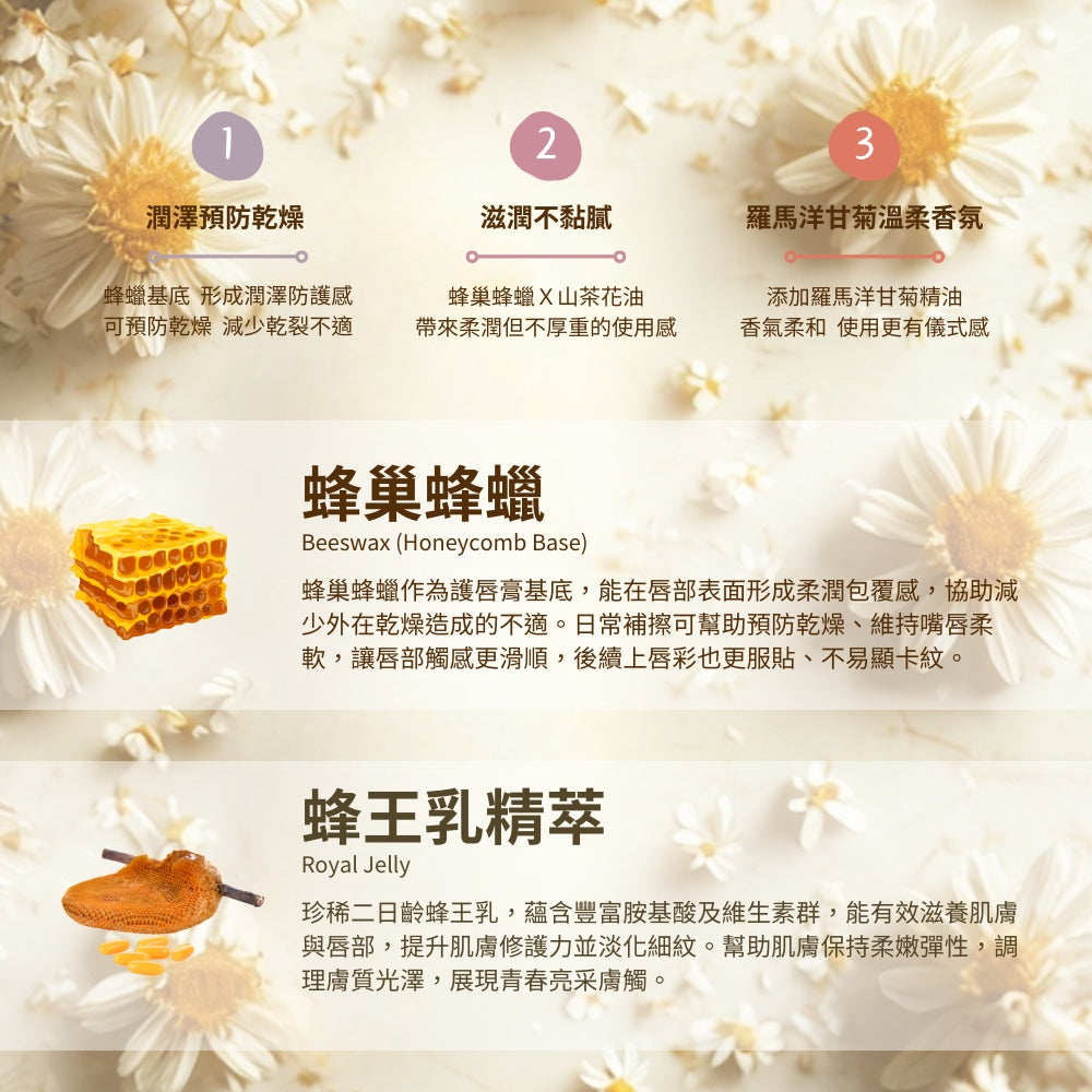 【泉發蜂蜜】蜂巢護唇膏 5g/支 蜂巢精華 山茶花油 蜂王乳 多款香氛選擇 輕盈不黏 植萃潤護 保護鎖水 商品介紹圖 7