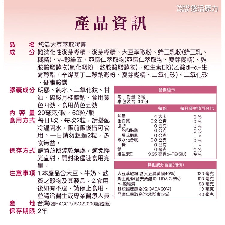 【悠活原力】悠活大豆萃取膠囊(含大豆異黃酮) 60粒/盒 蜂王乳 更年期 養顏複方 熟女青春配方 助眠