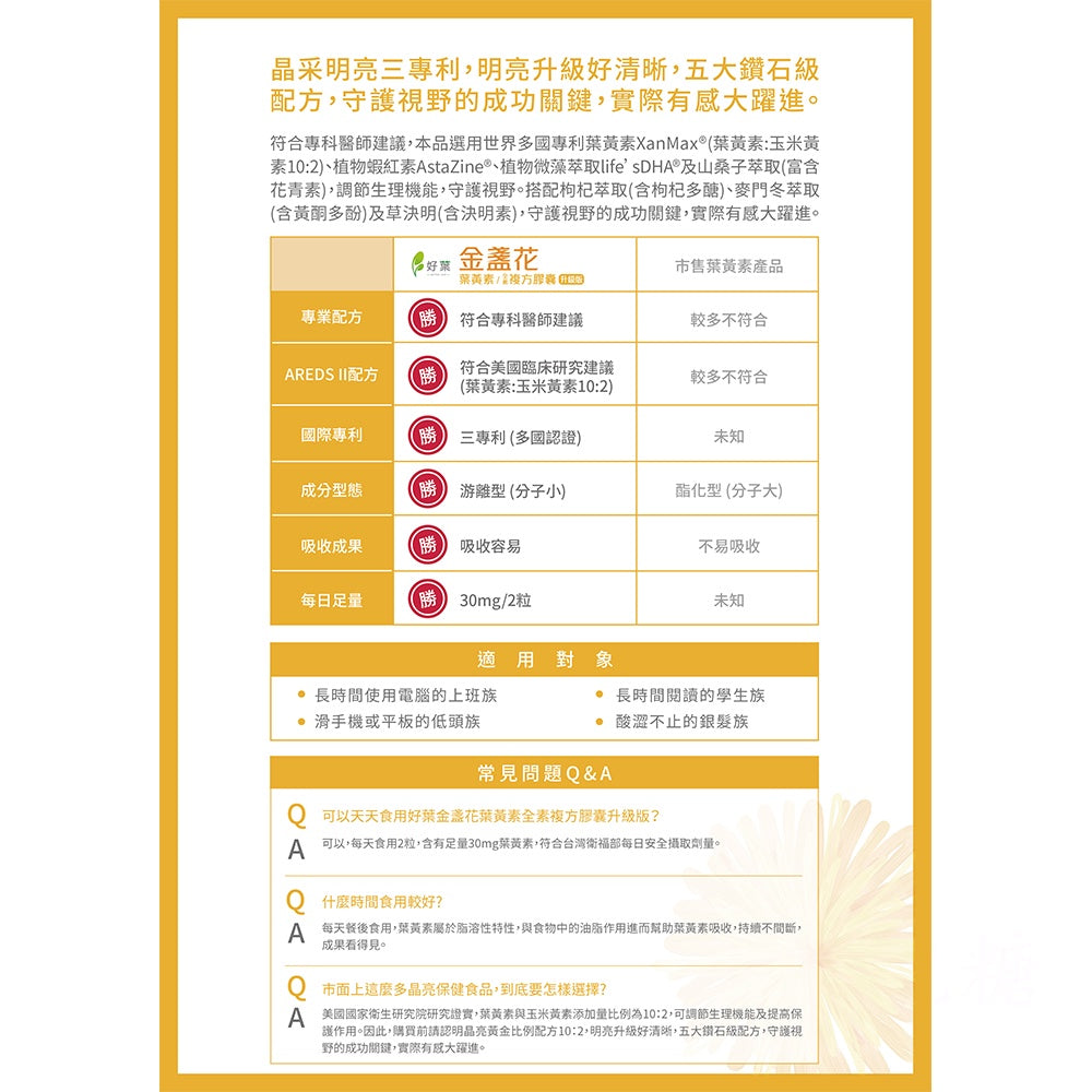 【好葉】金盞花葉黃素 全素複方膠囊(升級版) 60粒/盒 專利葉黃素 植物蝦紅素 山桑子萃取 調節生理機能