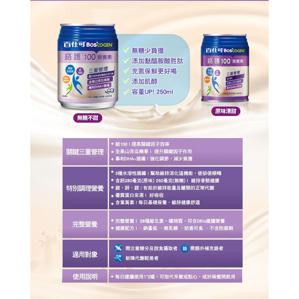 【百仕可】鉻護100營養素(無糖不甜) 24罐/箱購 贈4罐 醣類控管 添加山苦瓜精華+鉻 專利DHA