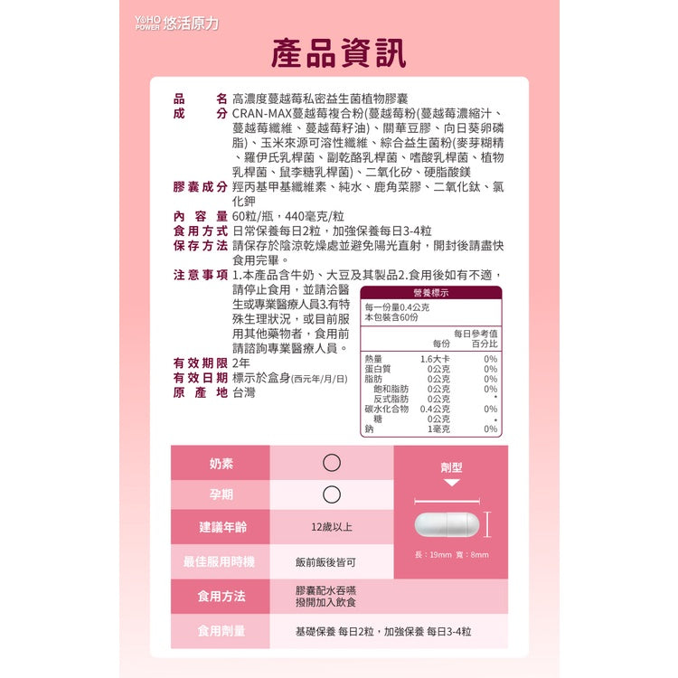 【悠活原力】蔓越莓私密益生菌植物膠囊 60粒/瓶 高濃縮蔓越莓萃取 專利益生菌 私密保養