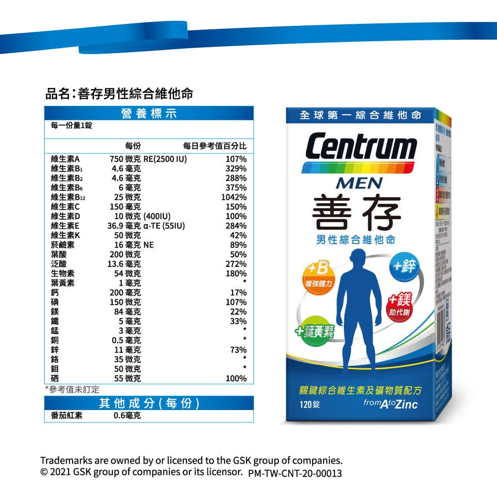 【善存】男性綜合維他命 120錠/65錠 增量鋅 完整的綜合維生素及礦物質配方 善存男性維他命