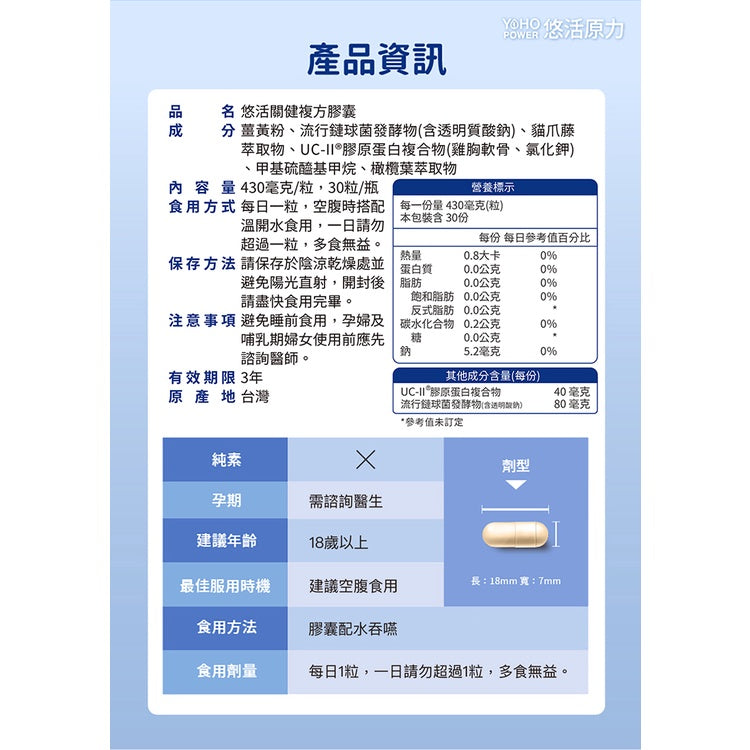 【悠活原力】悠活關健複方膠囊UC-II+玻尿酸 30粒/盒 頂規 80mg玻尿酸 薑黃 關節 膝蓋