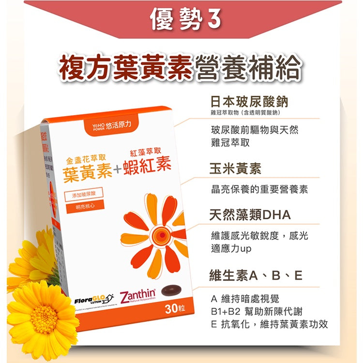【悠活原力】金盞花葉黃素+蝦紅素複方軟膠囊 30粒/瓶 游離型葉黃素 八種抗氧化成分 3C低頭族保養必備