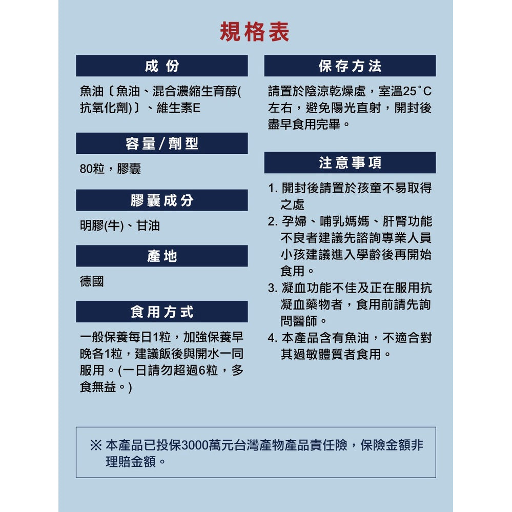 【德之寶Doppelherz】深海魚油軟膠囊 80粒/盒 豐富Omega-3 高純度深海魚油 德國雙心