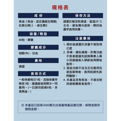 【德之寶Doppelherz】深海魚油軟膠囊 80粒/盒 豐富Omega-3 高純度深海魚油 德國雙心