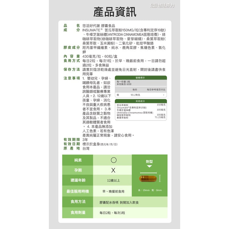 【悠活原力】悠活好代謝苦瓜胜肽 60粒+10粒 雙專利成分 苦瓜胜肽+牛樟芝 專利醣類管理員 專利定序19肽
