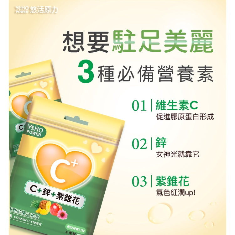 【悠活原力】悠活維生素C+鋅口含錠(鳳梨蘋果口味) 28粒/包 維他命C 添加紫錐花