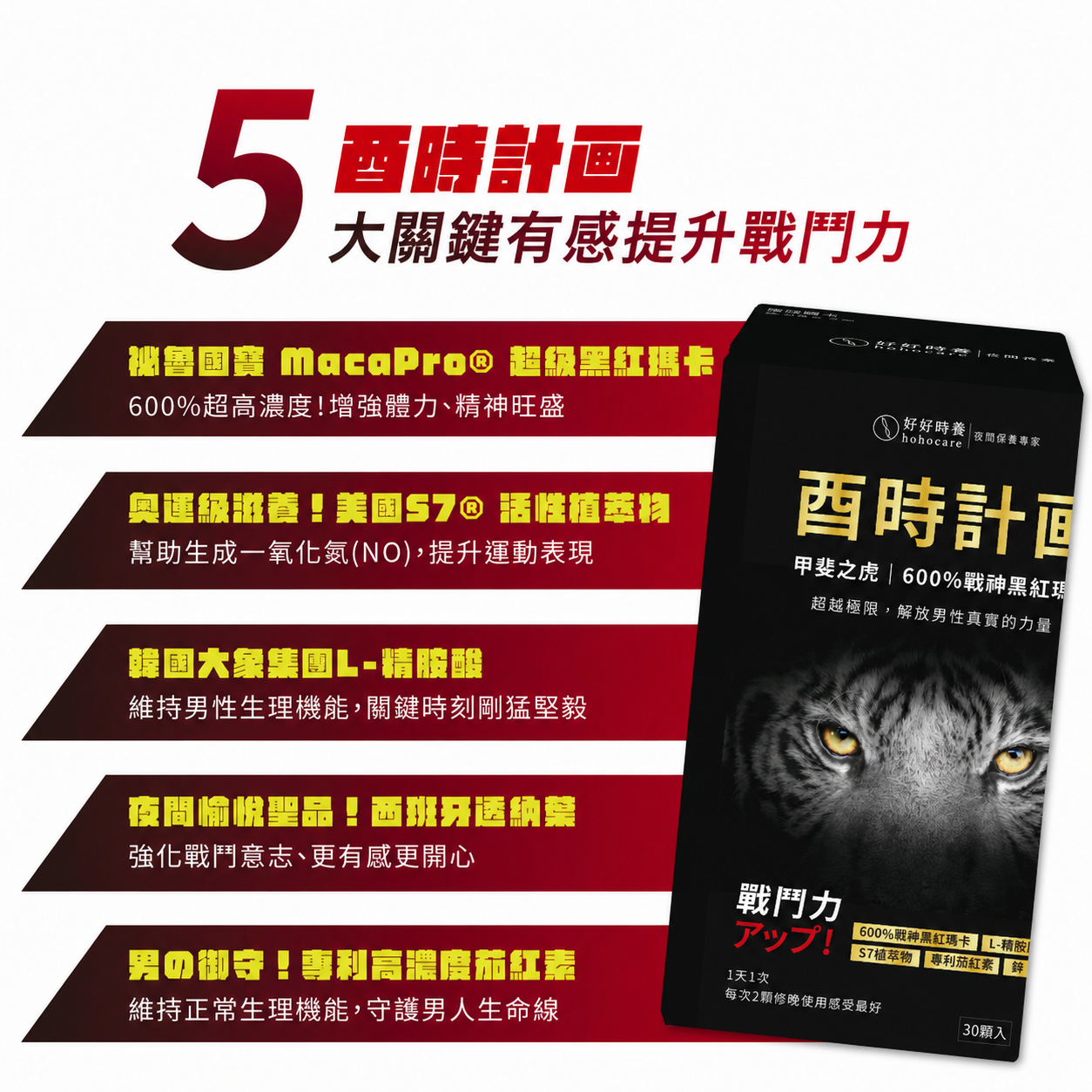 【好好時養】酉時計畫-甲斐之虎 30顆/盒 秘魯黑紅瑪卡 L-精胺酸 茄紅素 鋅 提升活力 男性保養 商品介紹圖 6