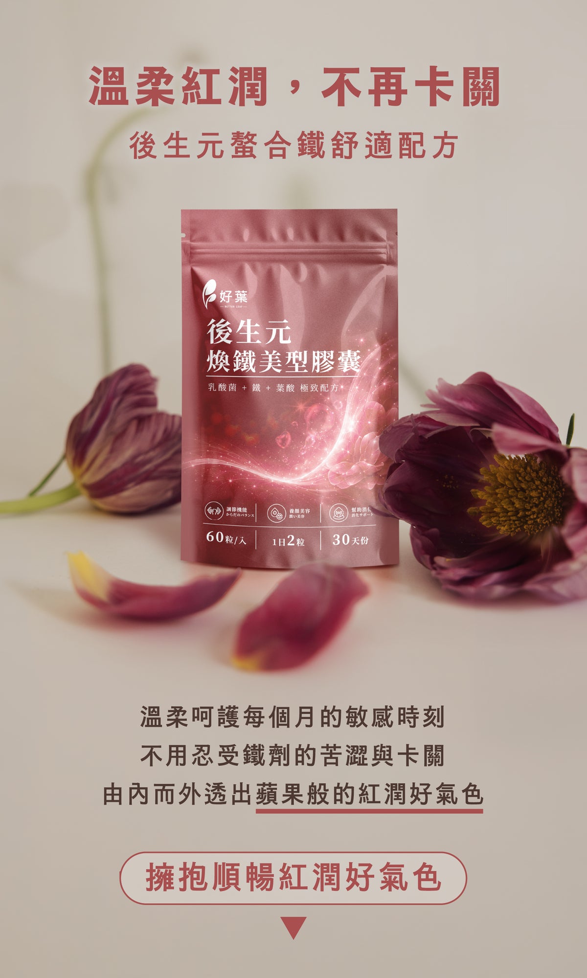 【好葉】後生元煥鐵美型膠囊 60粒/袋 葡萄糖酸亞鐵+葉酸+B12 後生元益生菌複方 維持好氣色 幫助順暢 商品介紹圖 2