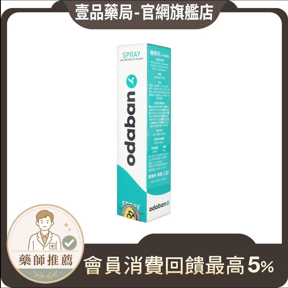 壹品藥局販售的英國優得芬Odaban止汗噴霧劑，30ml瓶裝，包裝標示詳細成分與使用說明，有效解決多汗與異味問題。
