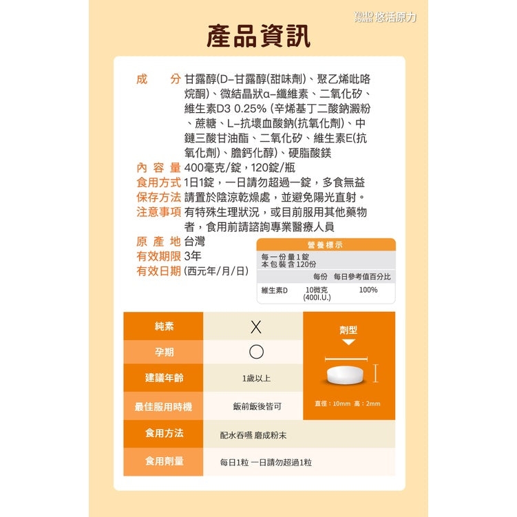【悠活原力】原力維生素D3 120錠/瓶 非活性 一錠補充每日所需 維他命D3 原廠公司貨