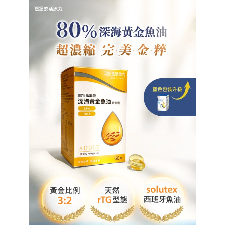 【悠活原力】80%深海黃金魚油軟膠囊 60粒/瓶 天然rTG形式 超臨界萃取技術 西班牙Solutex大廠
