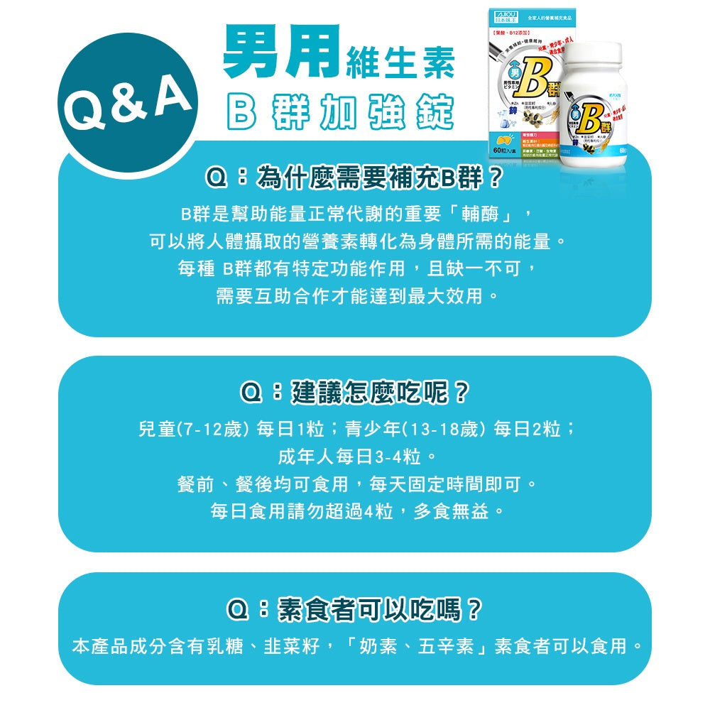 【日本味王】男用維生素B群 加強錠 60粒/盒 8種B群 迷你錠好吞食 添加五味子 東阪AJIOU