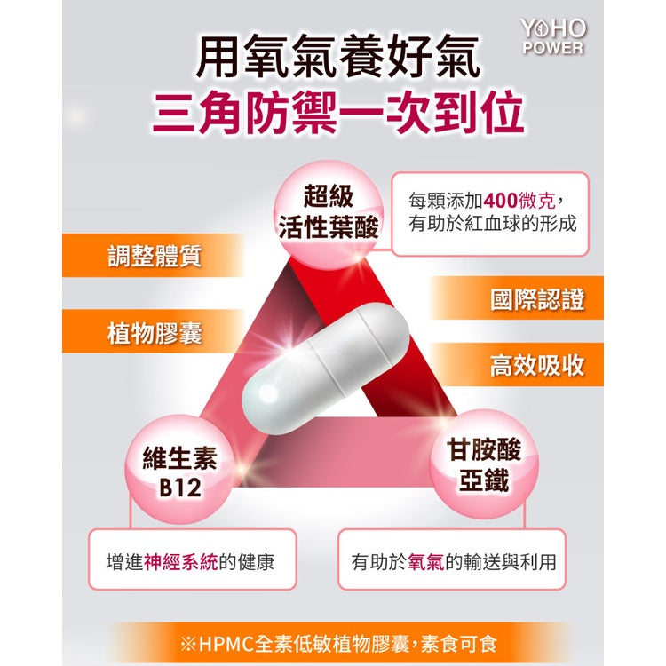 【悠活原力】超級葉酸+鐵(甘氨酸亞鐵)植物膠囊 60粒/盒 銀髮必備 改善循環 全素可食 補足營養能量
