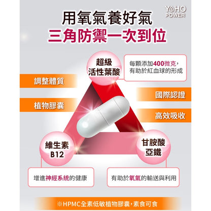 【悠活原力】超級葉酸+鐵(甘氨酸亞鐵)植物膠囊 60粒/盒 銀髮必備 改善循環 全素可食 補足營養能量