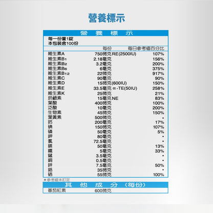 【善存】成人綜合維他命錠 100+30錠/組 添加番茄紅素 葉黃素 B群 善存維他命