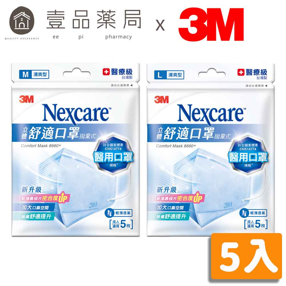 【3M】Nexcare舒適口罩(清爽型) 5入/包 8660+ 醫用口罩 醫療口罩 3D口罩 成人口罩