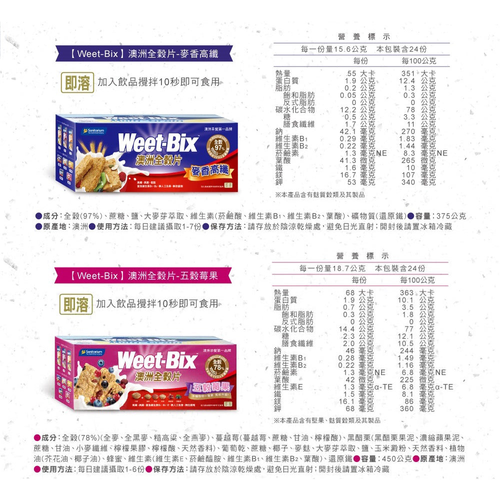 【Weet-Bix】澳洲全穀麥片 麥香高纖/莓果高纖 高纖好順暢 幫助消化 膳食纖維 營養早餐 榖片
