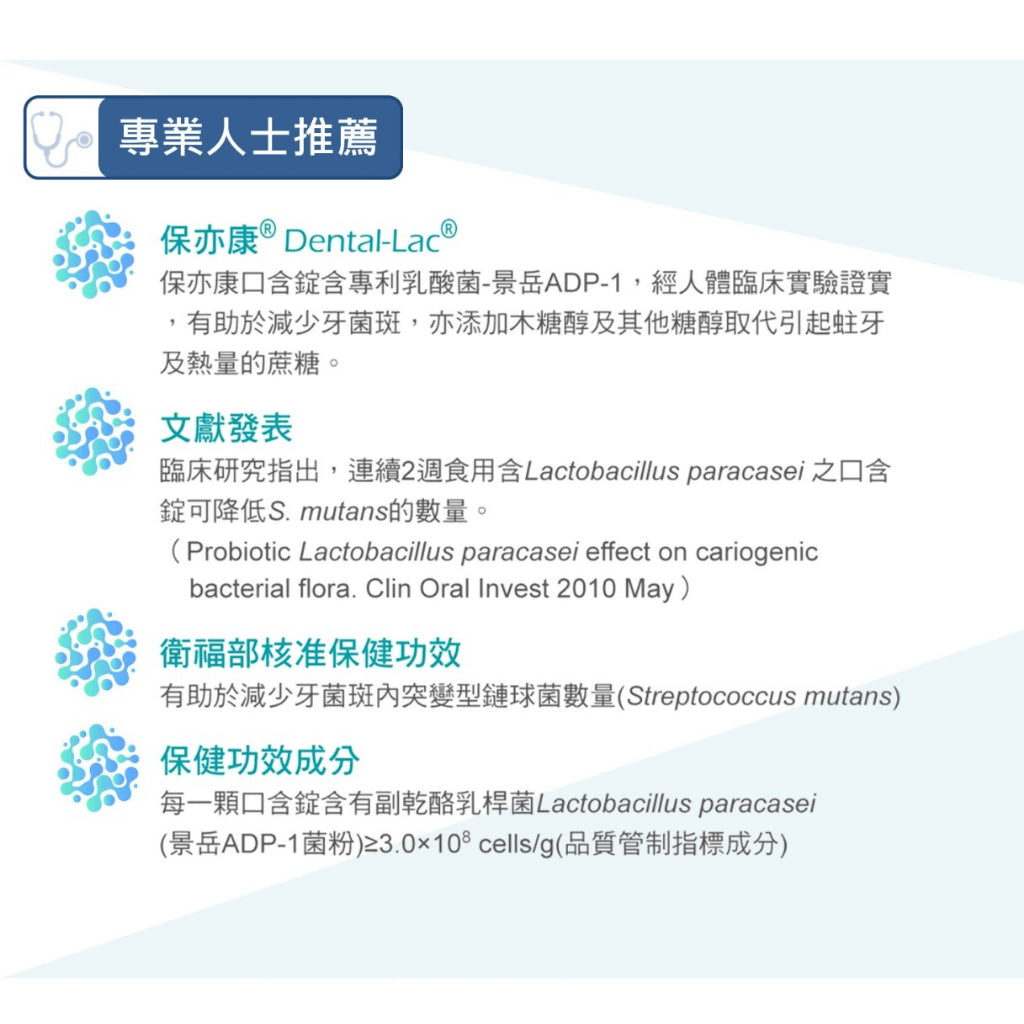 【景岳】保亦康乳酸菌口含錠(健康食品認證) 30顆/盒 多件優惠 薄荷口味 專利認證 牙齒保健 雙效防護