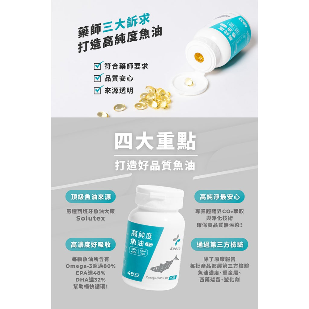 【藥師健生活】4832高純度魚油 90顆/瓶 rTG型態 西班牙頂級魚油 高純淨 48%EPA 32%DHA