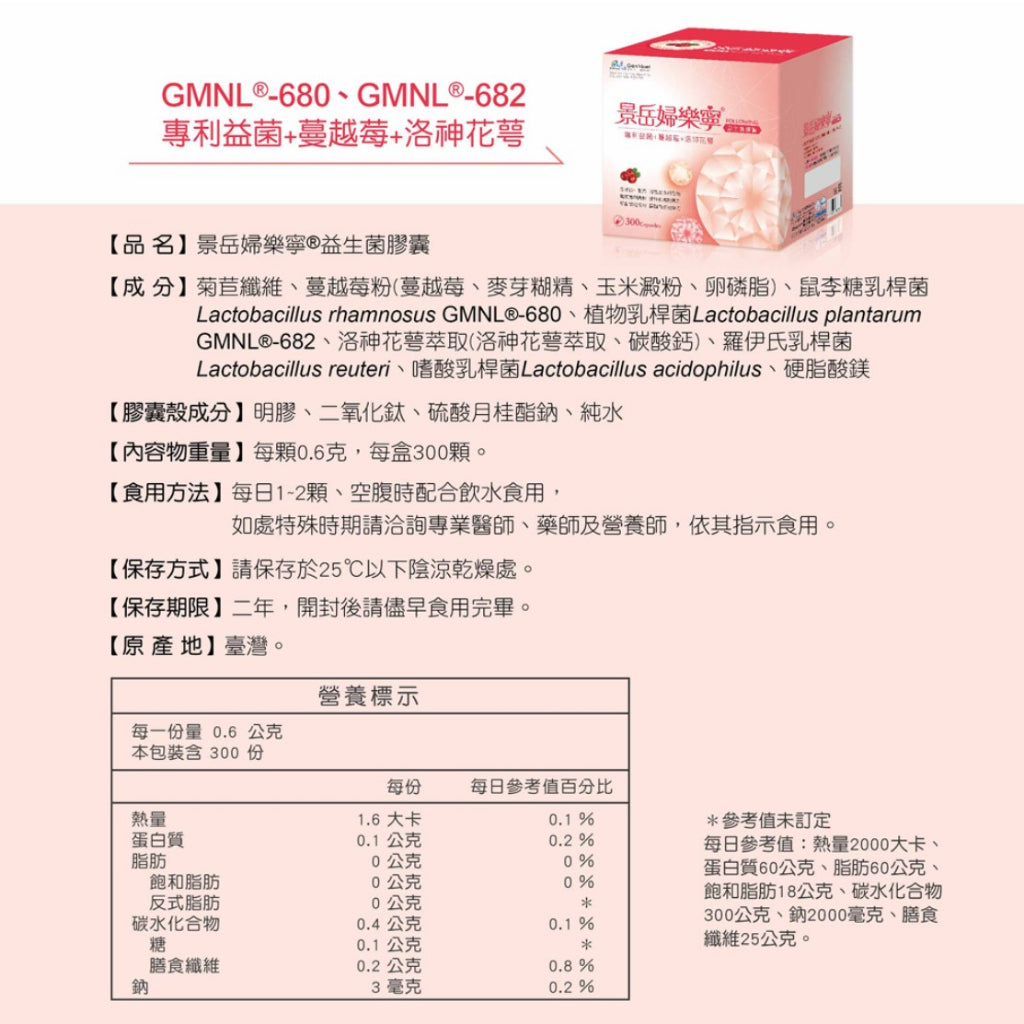 【景岳】婦樂寧益生菌膠囊 300顆/盒 獨家專利菌株 多效合一配方 女性私密保養 加強自淨能力 景岳婦樂寧