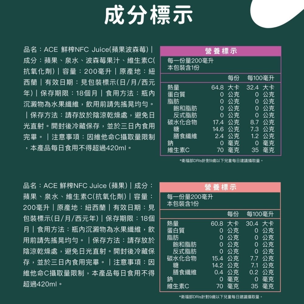 【ACE】鮮榨果汁NFC Juice 蘋果汁/蘋果波森莓汁 200mlx24罐/箱購 零添加 紐西蘭原裝進口