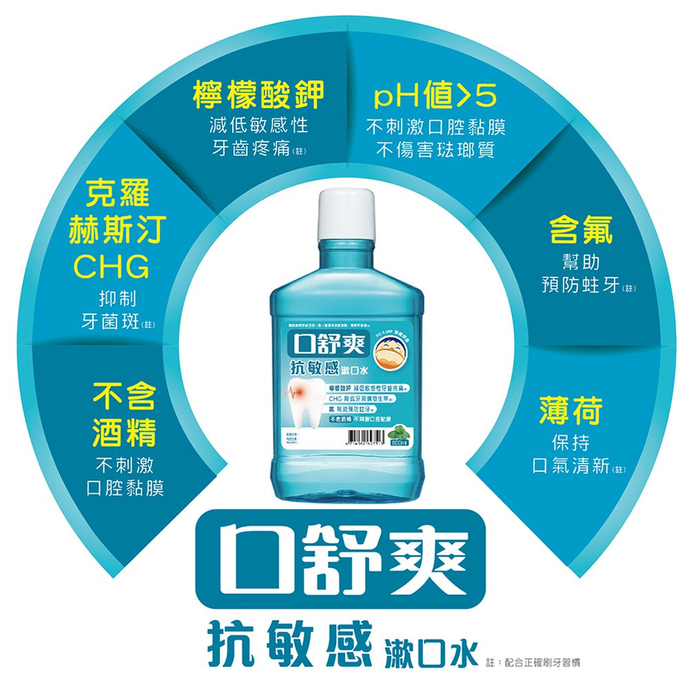 【口舒爽】抗敏感漱口水 600ml/瓶 (無酒精配方) 添加檸檬酸鉀 抗敏感配方