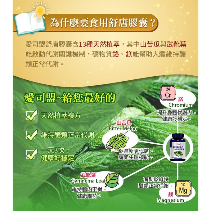 【愛司盟】舒唐膠囊 90顆/瓶 苦瓜萃取 含鉻鎂 天然植萃複方 維持醣類正常代謝 調整體質