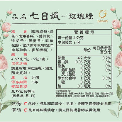 【家家生醫】 七日孅 孅體茶包 玫瑰綠茶 7包/盒 決明子 藤黃果 薄荷葉 天然草本漢方