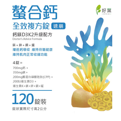 【好葉】螯合鈣全效複方速崩錠 120錠/盒 維生素D3+K2 高吸收率 專業鈣鎂比例 添加CPP酪蛋白胜肽