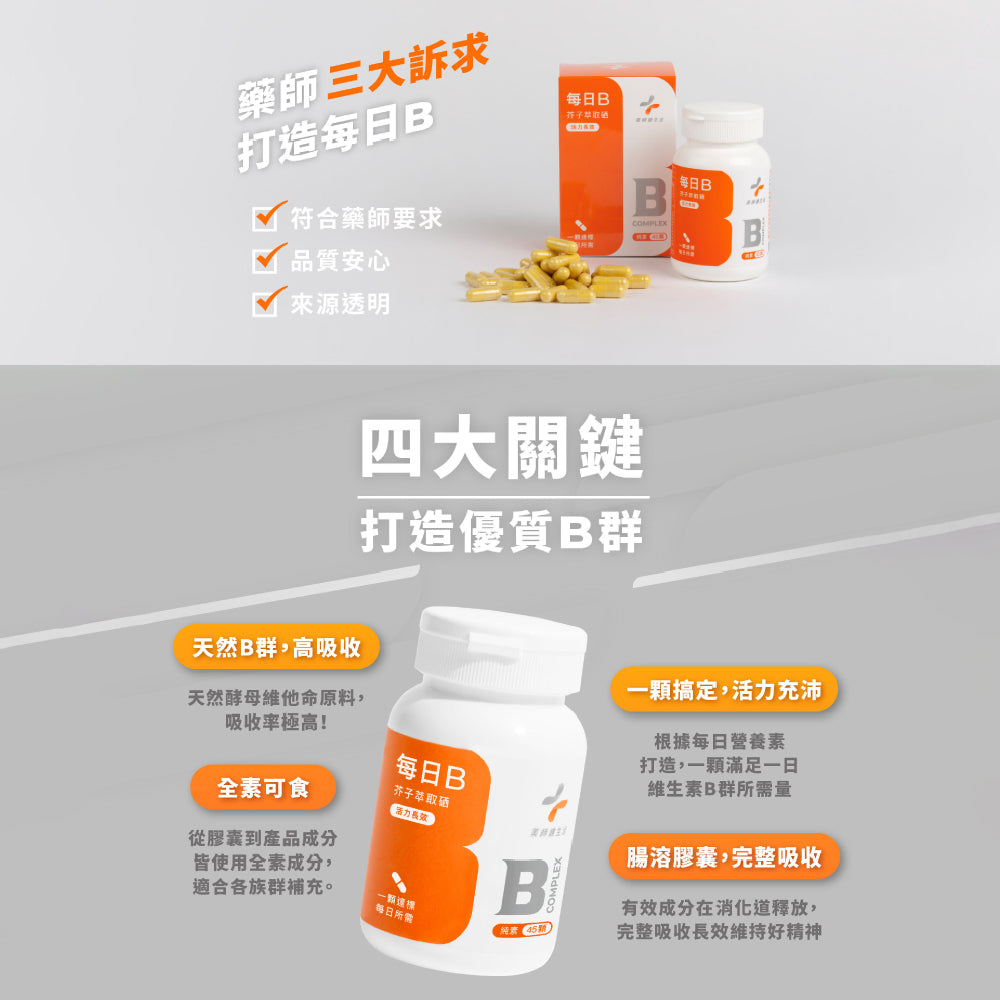 【藥師健生活】每日B 維生素B群膠囊 45顆/盒 長效有感 天然萃取 全素可食 台灣製 維他命B群