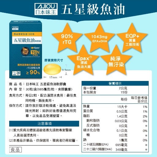 【日本味王】五星級魚油軟膠囊 30粒/盒 EPA DHA rTG型態 高純淨 東阪AJIOU