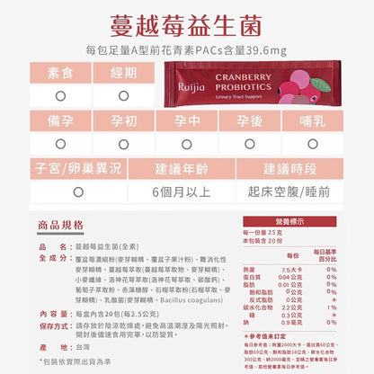 【Ruijia露奇亞】蔓越莓益生菌 65入/袋 私密保養 原花青素 孕哺乳婦可食 私處保養 女性保養