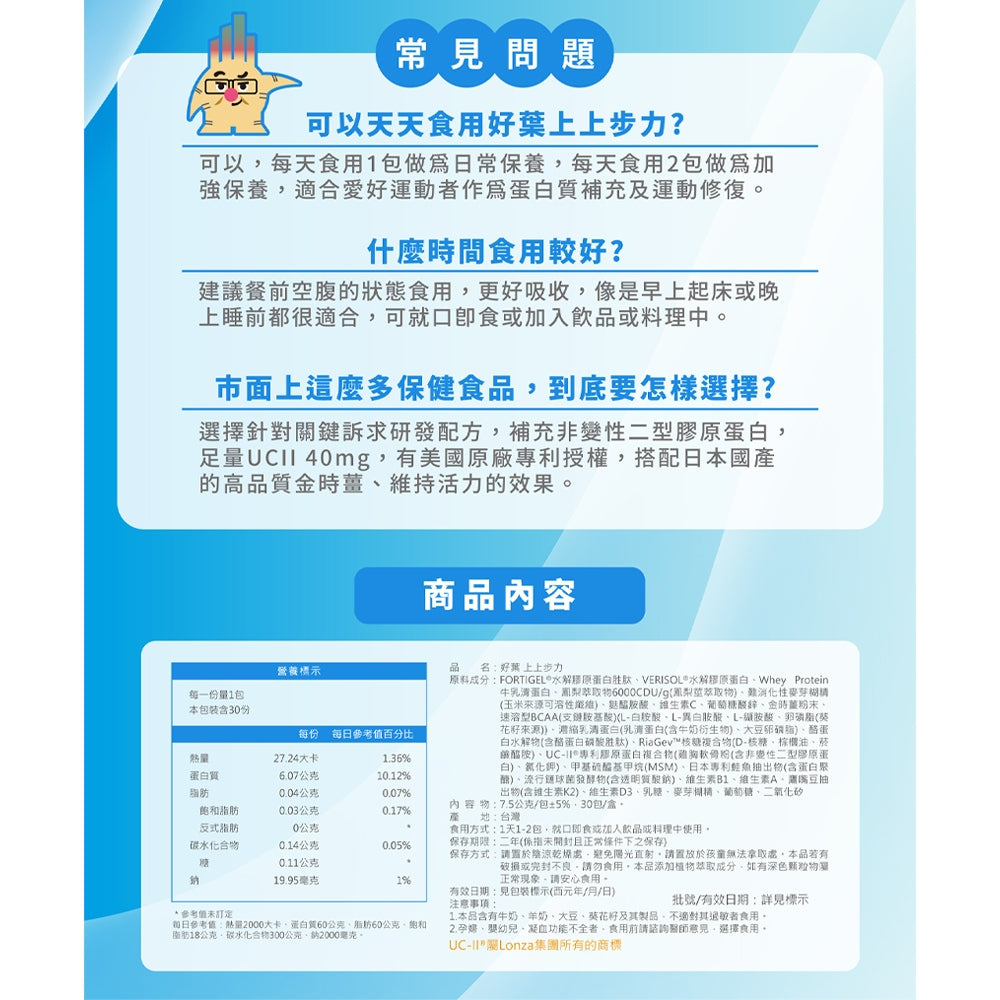 【好葉】上上步力 專利胜肽修護配方 UC-II®專利認證 修護專利 活力強化 行動鞏固 麩醯胺酸 關鍵保養