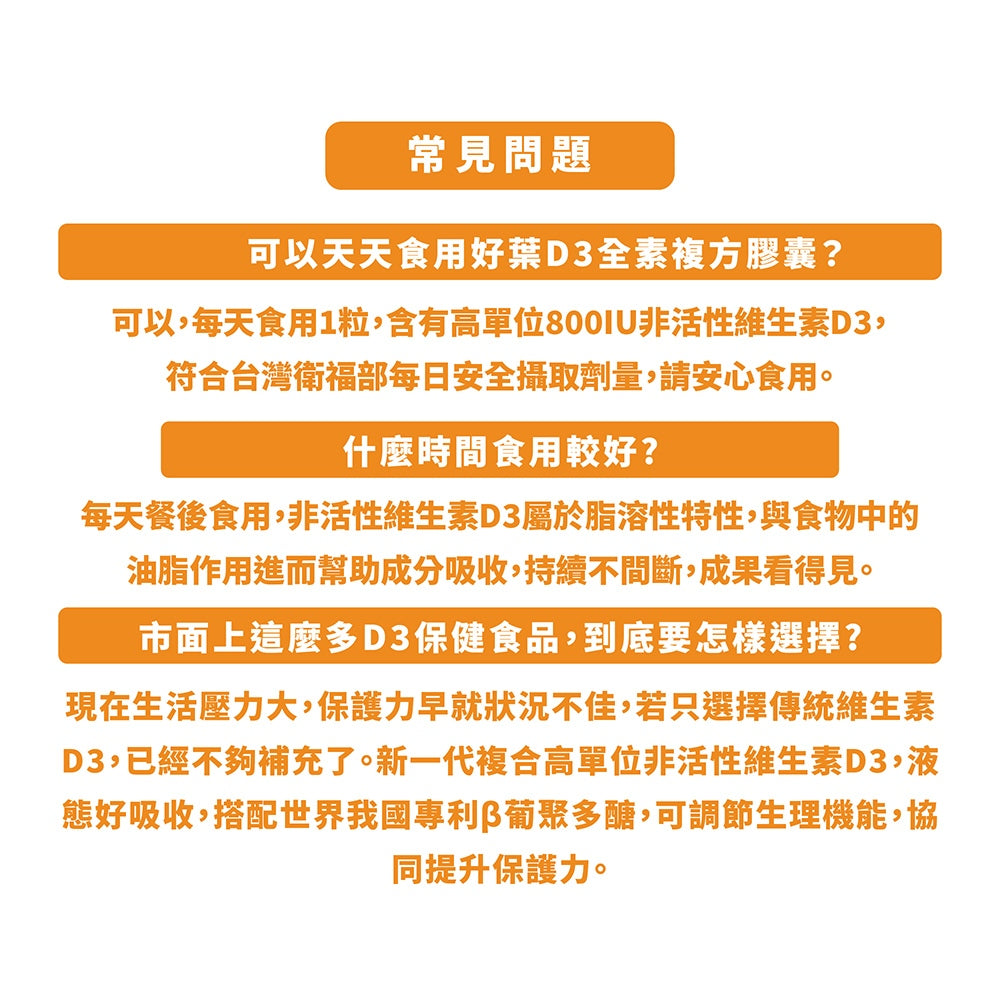 【好葉】液態維生素D3複方膠囊 120粒/盒 高單位800IU 酵母葡聚多醣體 調節生理機能 維生素D3