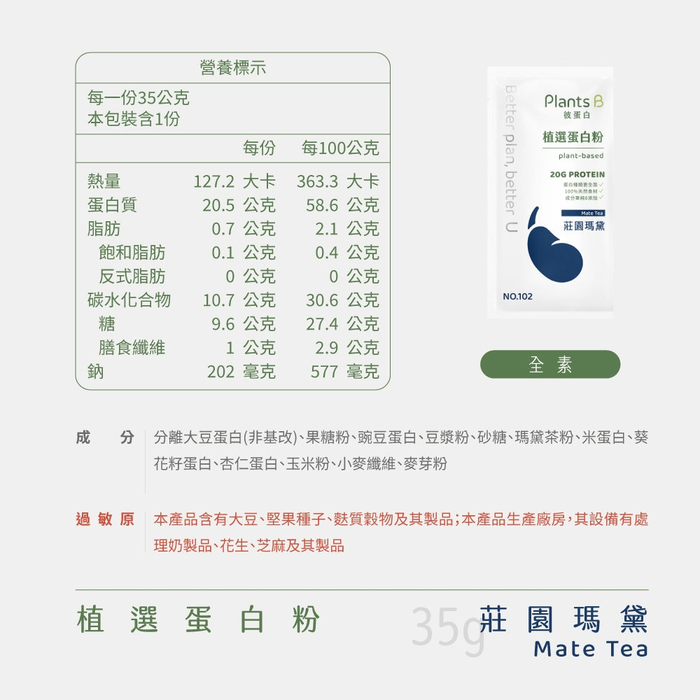 【彼蛋白】 植選蛋白粉 隨身包 35g/包 6種口味 PlantsB 植物蛋白 高蛋白 素食蛋白