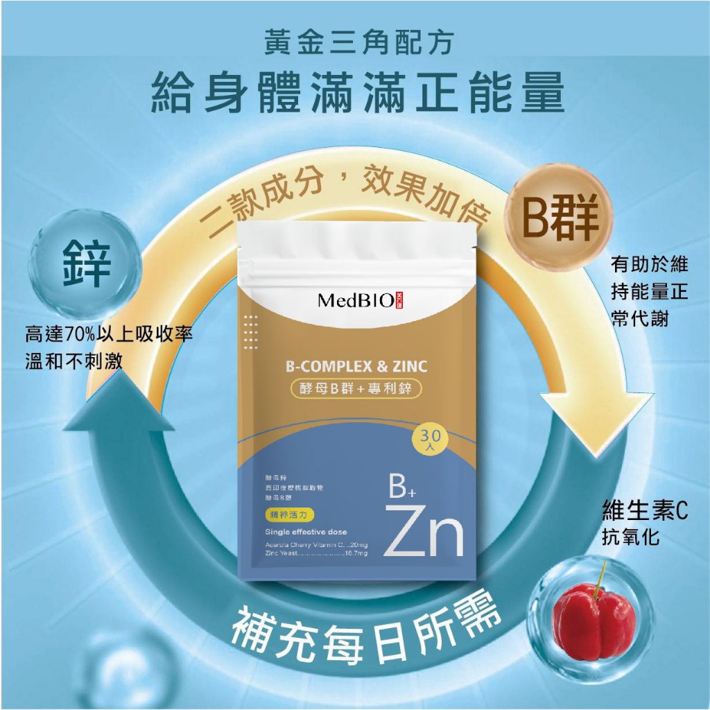 【MedBIO美百優】酵母B群+專利鋅膠囊 30粒/包 精神旺盛 補充體力