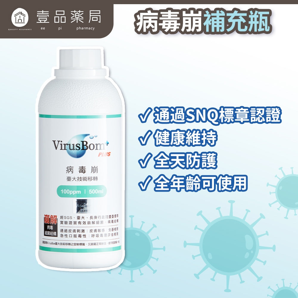 【病毒崩VirusBom】100ppm補充瓶 500ml/瓶 台大研發 獲防疫獎 隨身清潔 可水洗 日常防護