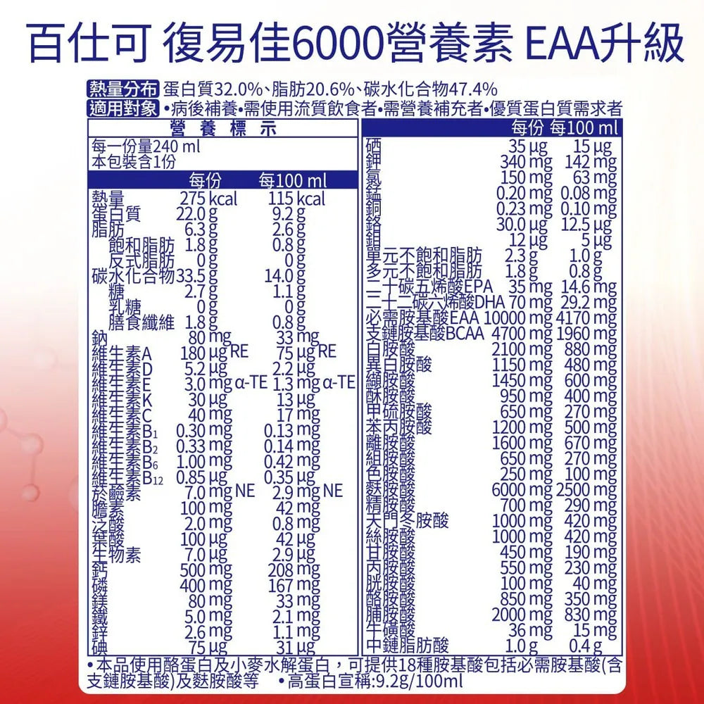 【百仕可】復易佳6000營養素 EAA升級(大麥風味) 240mlx24罐/箱購 新升級 添加麩醯胺酸