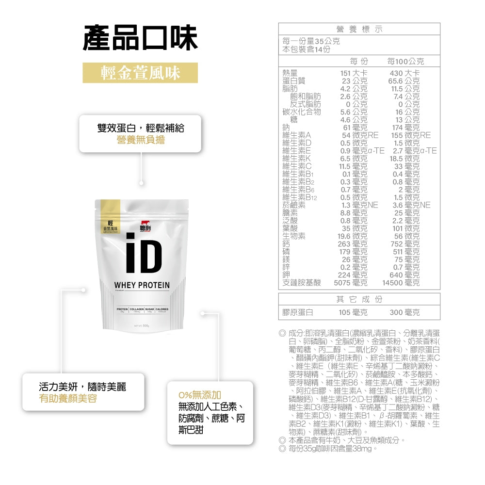 【紅牛】聰勁 iD即溶乳清蛋白 500g/袋 iD乳清 添加膠原蛋白 濃縮分離乳清 BCAA 蛋白質補充
