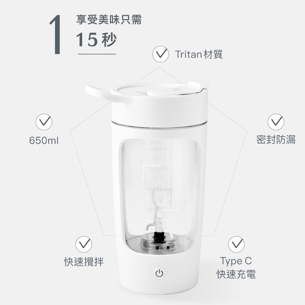 【Body Goals】電動搖搖杯 650ml 石耀黑 經典白 Tritan 密封防漏 USB充電 隨行杯
