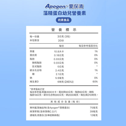 【遠東生技】Apogen®愛保清藻精蛋白幼兒營養素 60包/盒 專利藻精蛋白 成長防護 關鍵營養 調整體質