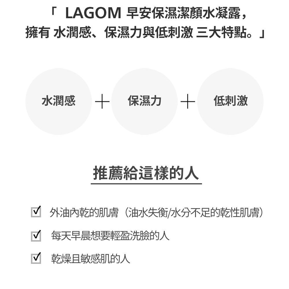 【LAGOM】早安保濕潔顏水凝露 170ml/盒 質地清爽 溫和潔淨 水潤不緊繃不乾澀 敏感肌適用