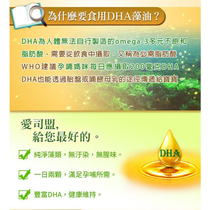 【愛司盟】孕媽咪DHA藻油軟膠囊 60顆/瓶 藻類萃取 無腥味 孕哺補給 孕婦營養