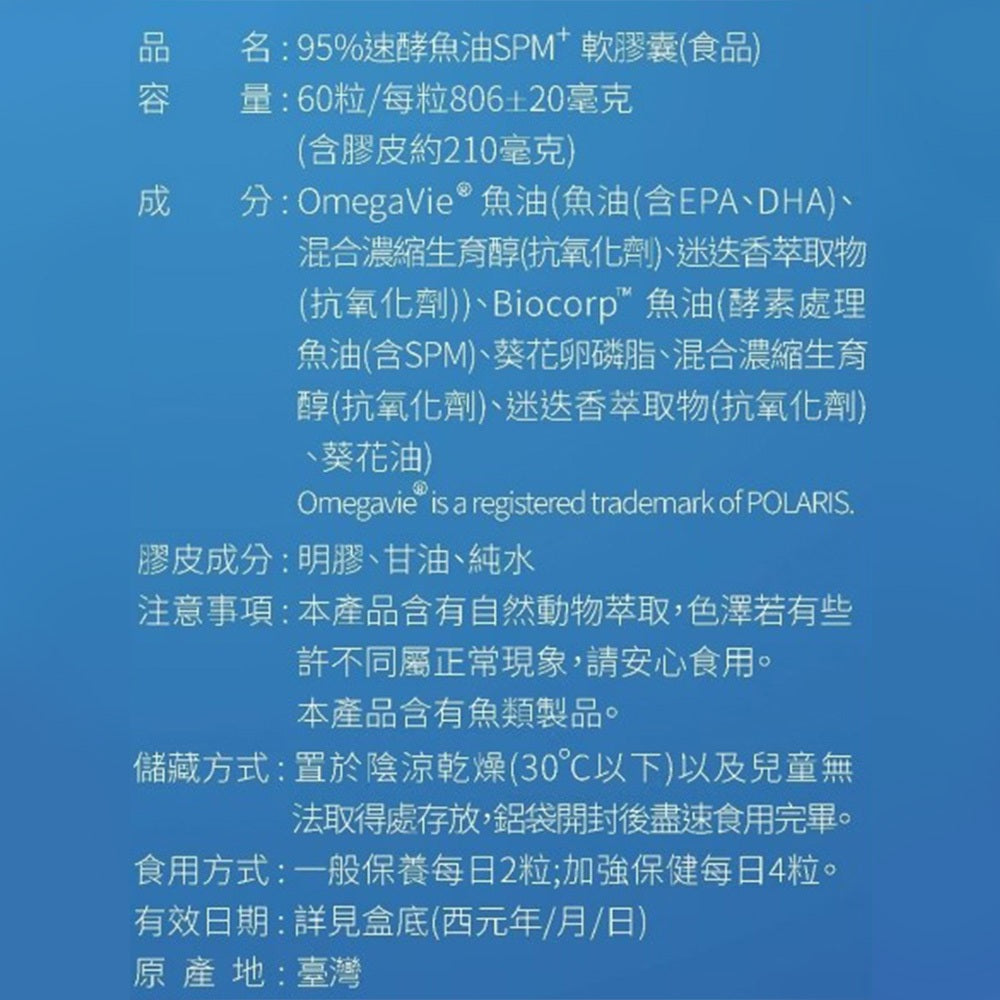 【松瑞製藥】95%速酵魚油SPM+軟膠囊 60顆/盒 高濃度rTG 專利SPM+EPA 小顆好吞