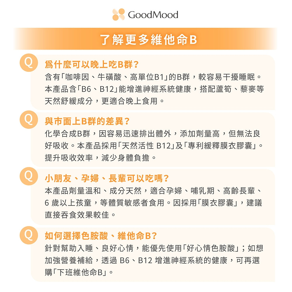 【GoodMood】好輕鬆-下班維他命B 60顆/盒 德國專利藜麥 北海道蘆筍 晚安B群 幫助入睡 舒心放鬆