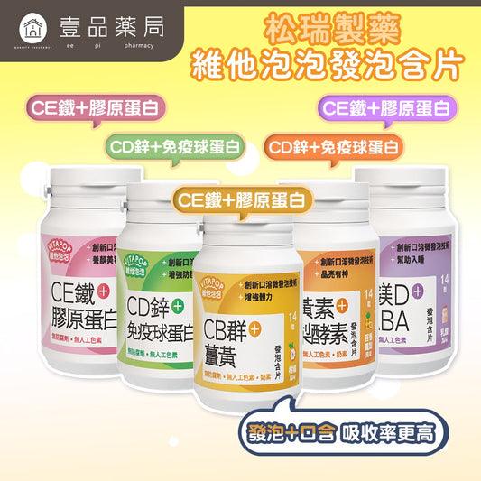 【松瑞製藥】維他泡泡發泡含片 14錠/瓶 CB群+薑黃 CD+鋅 CE+鐵 鈣鎂+D 葉黃素 口溶發泡錠