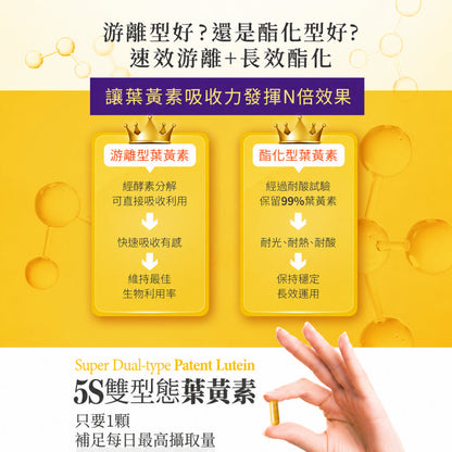【穎達生技】5S雙型態葉黃素 30顆/盒 三國專利金盞花 蝦紅素 山桑子 玻尿酸 游離+酯化雙型 3C保養