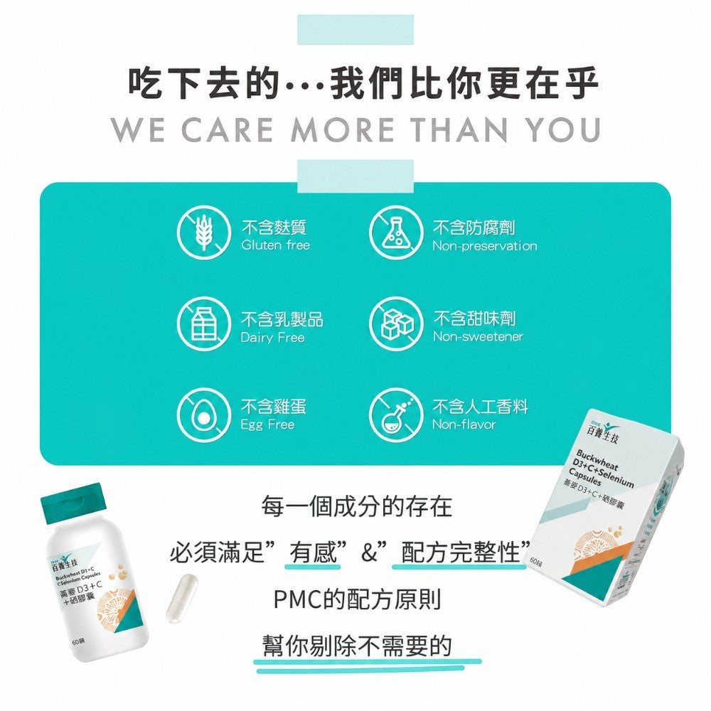 【百醫生技】蕎麥D3+C+硒膠囊 60顆/盒 全素D3+緩釋維生素C+硒酵母 天然植萃 全素可食 日常補給